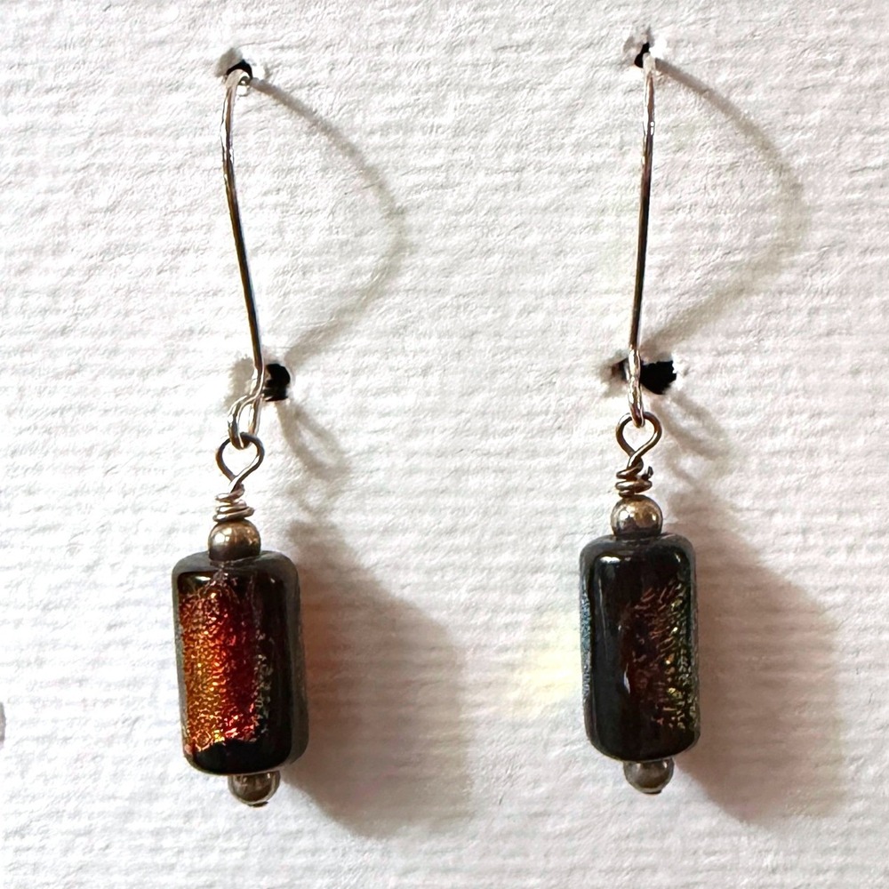 Dichroic Glass Bead Drop‎ Earrings Iridescent blk copper Cylinder Stephanie Aune - Picture 2 of 5
